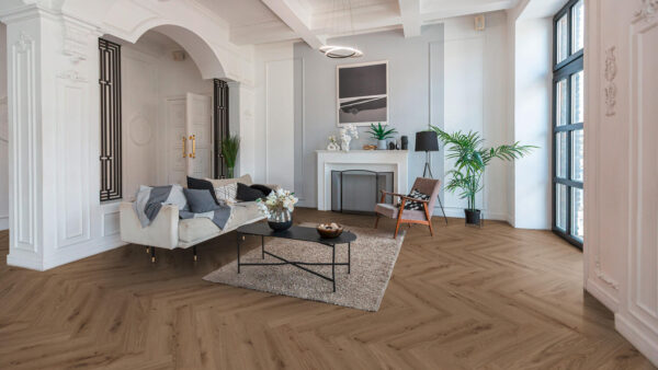 Aranżacja Jodełka Winyl Rigid Herringbone - Delicate Oak WALNUT