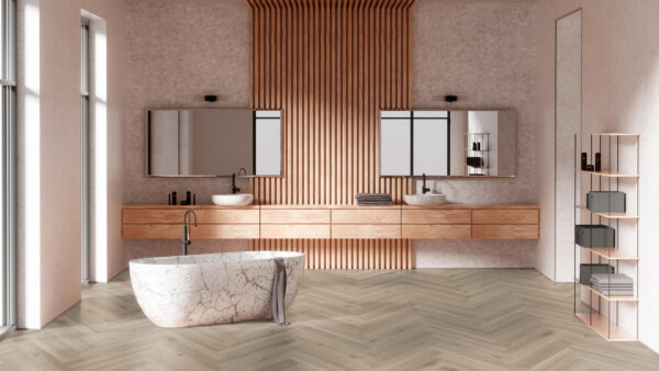 Aranżacja Jodełka Winylowa Rigid Herringbone - Highland Oak CLASSIC GREY